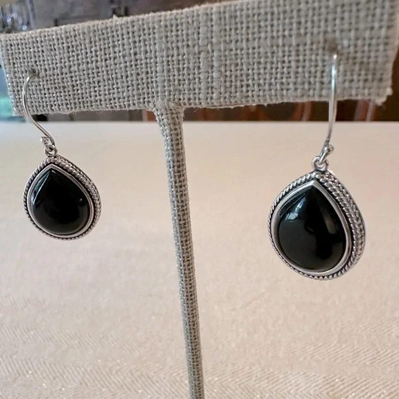 Sterling Silver Black Onyx Teardrop Dangle Earrings French Wire Classic - Picture 4 of 10